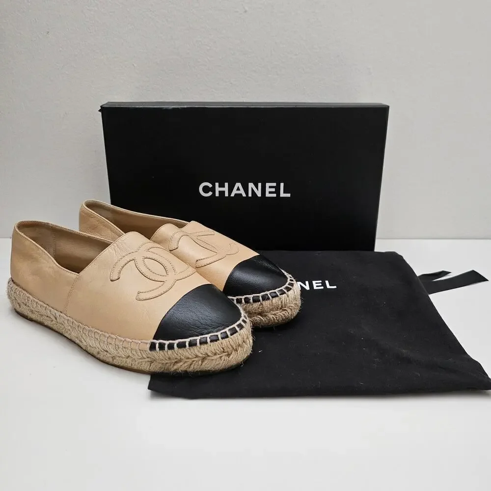 Chanel Bi-Color Black Beige Lambskin CC Logo Espadrilles US 7 / EU 37 - Picture 6 of 7